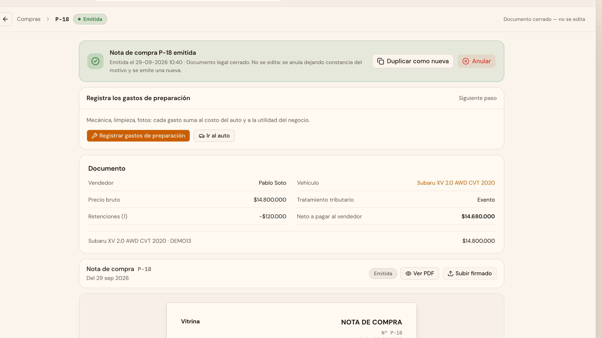 Nota de compra P-18 emitida, con Duplicar como nueva, Anular y el siguiente paso