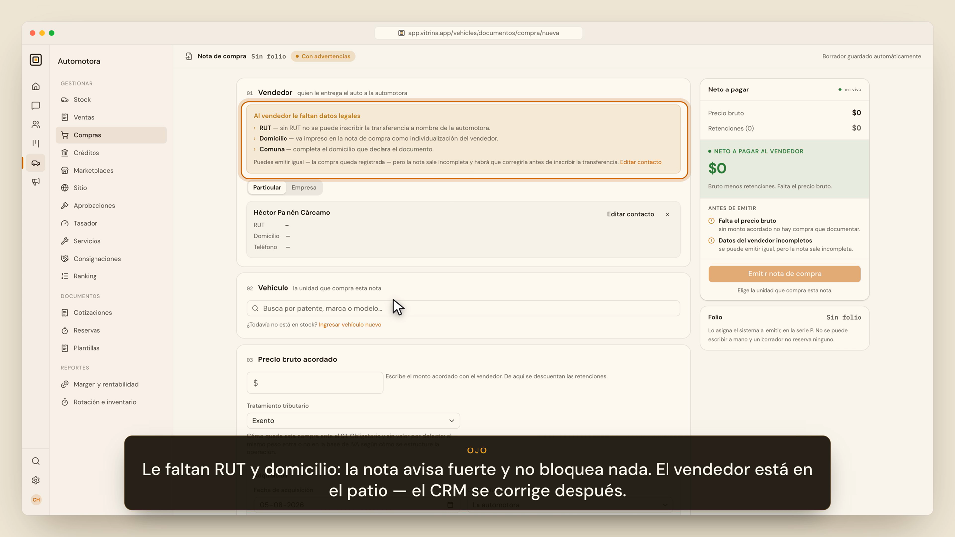 Nota de compra con aviso de datos faltantes del vendedor