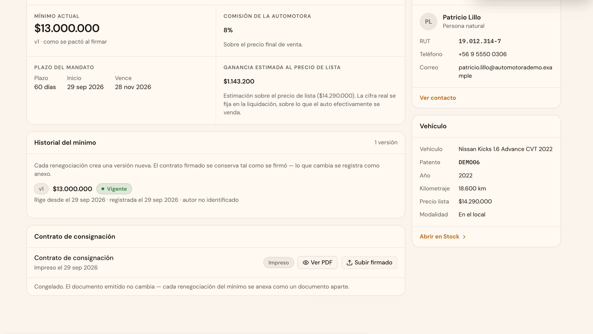 Ficha de la consignación con el contrato impreso, Ver PDF y Subir firmado