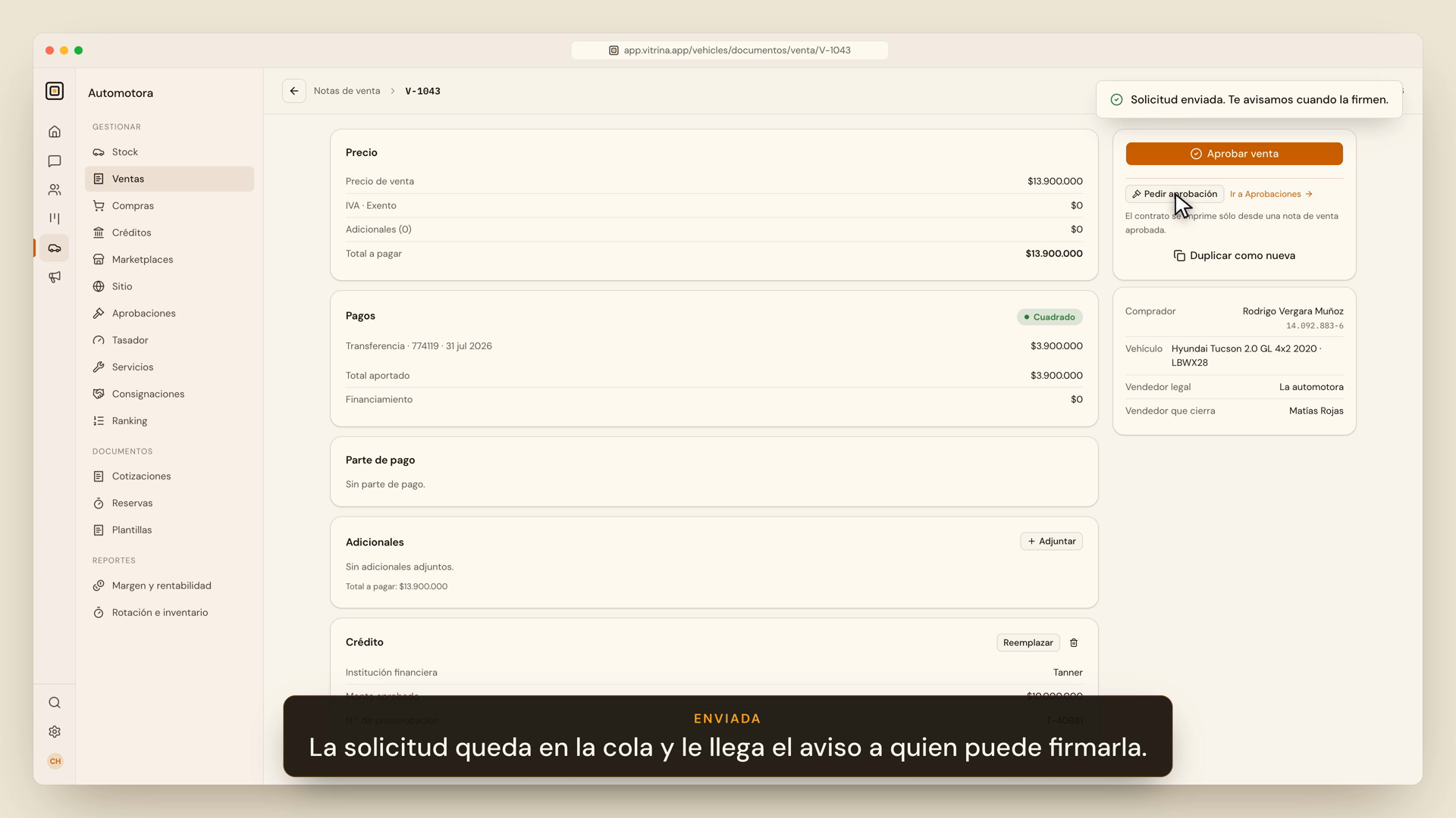 Pantalla del vendedor pidiendo aprobación de descuento