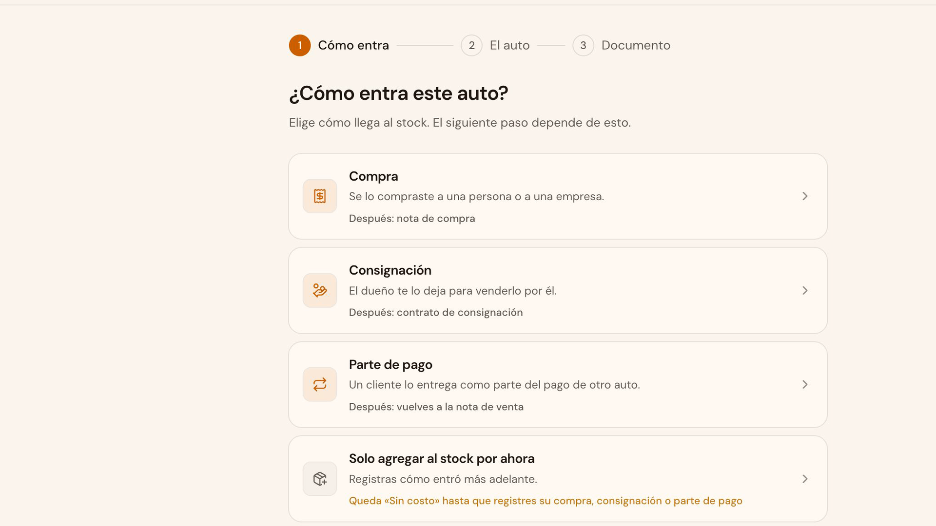 Pantalla ¿Cómo entra este auto?: compra, consignación, parte de pago o solo stock