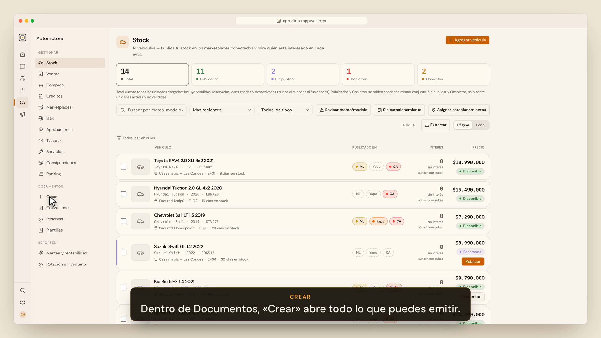 Menú + Crear con todos los documentos