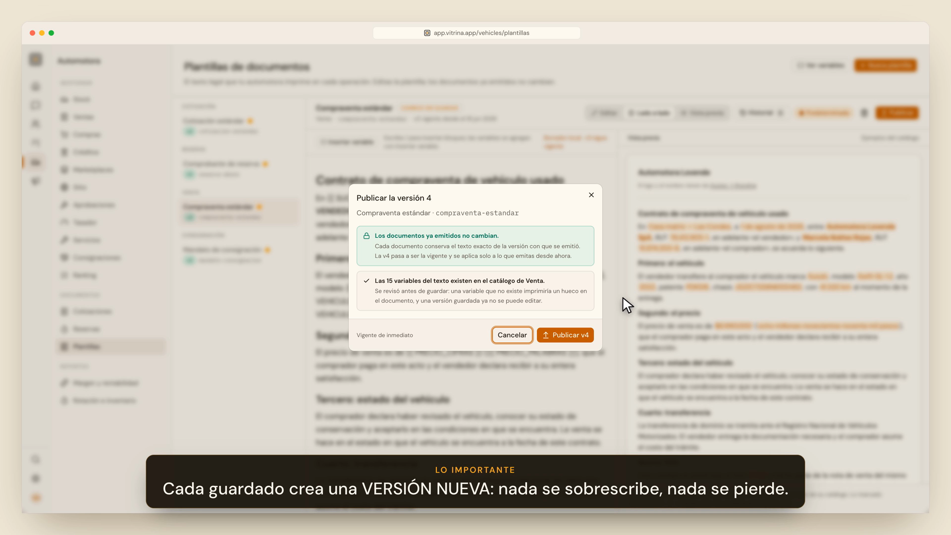 Pantalla de plantillas mostrando versiones