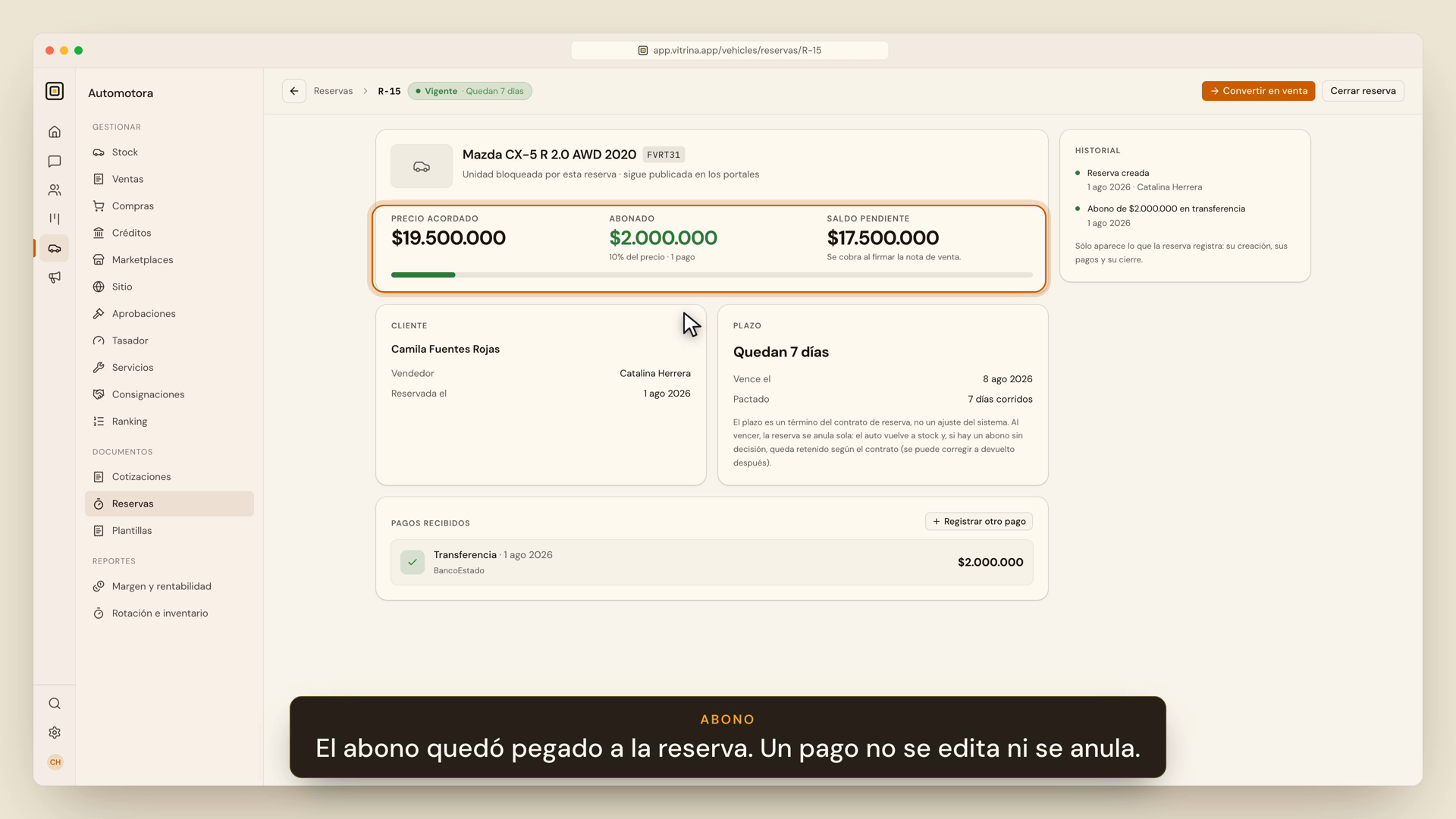 Reserva creada con su abono adjunto