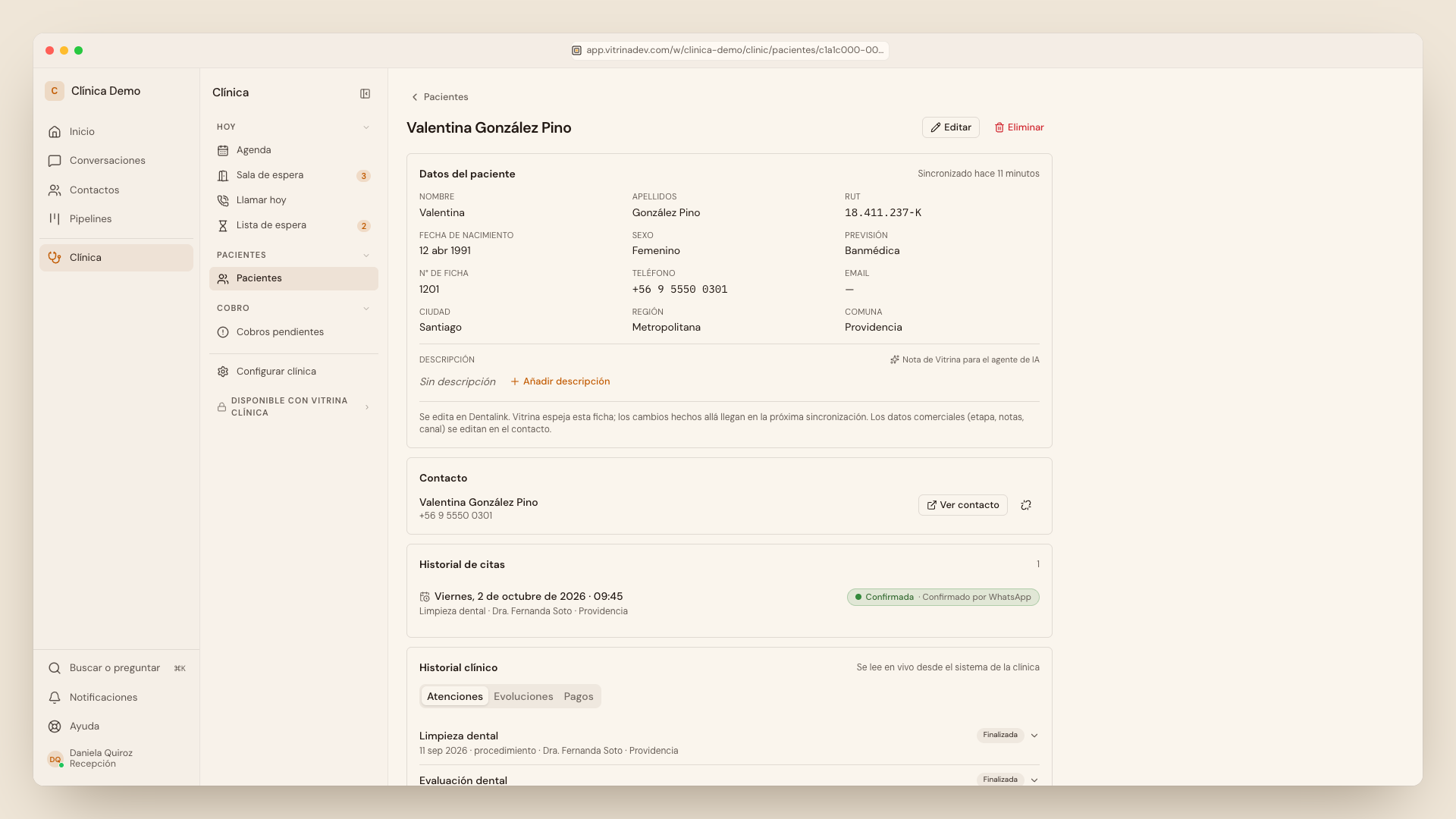 Ficha del paciente: datos, descripción, contacto vinculado, historial de citas e historial clínico
