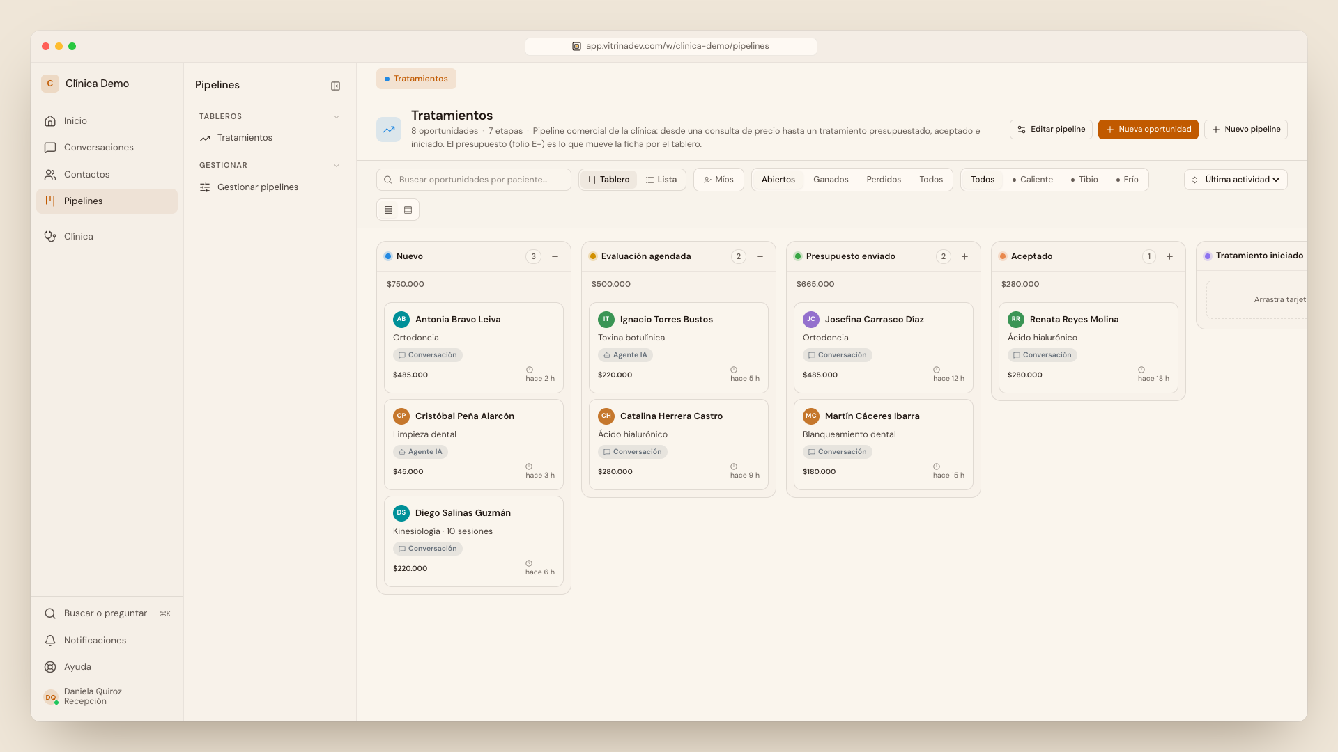 Tablero Tratamientos con el filtro Abiertos: de Nuevo a Tratamiento iniciado