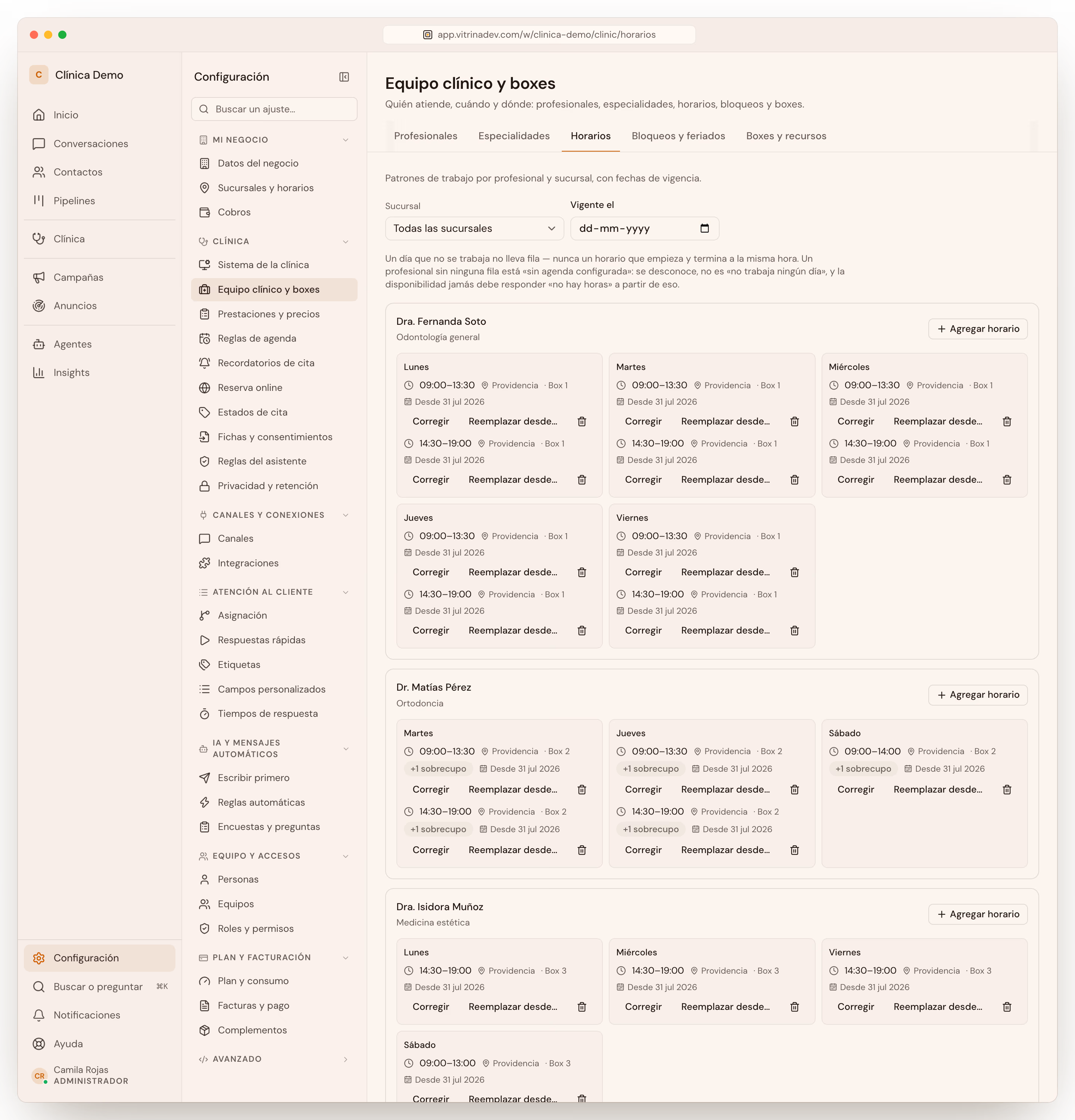 Horarios de los profesionales y Boxes y recursos, ya con el módulo Agenda adoptado
