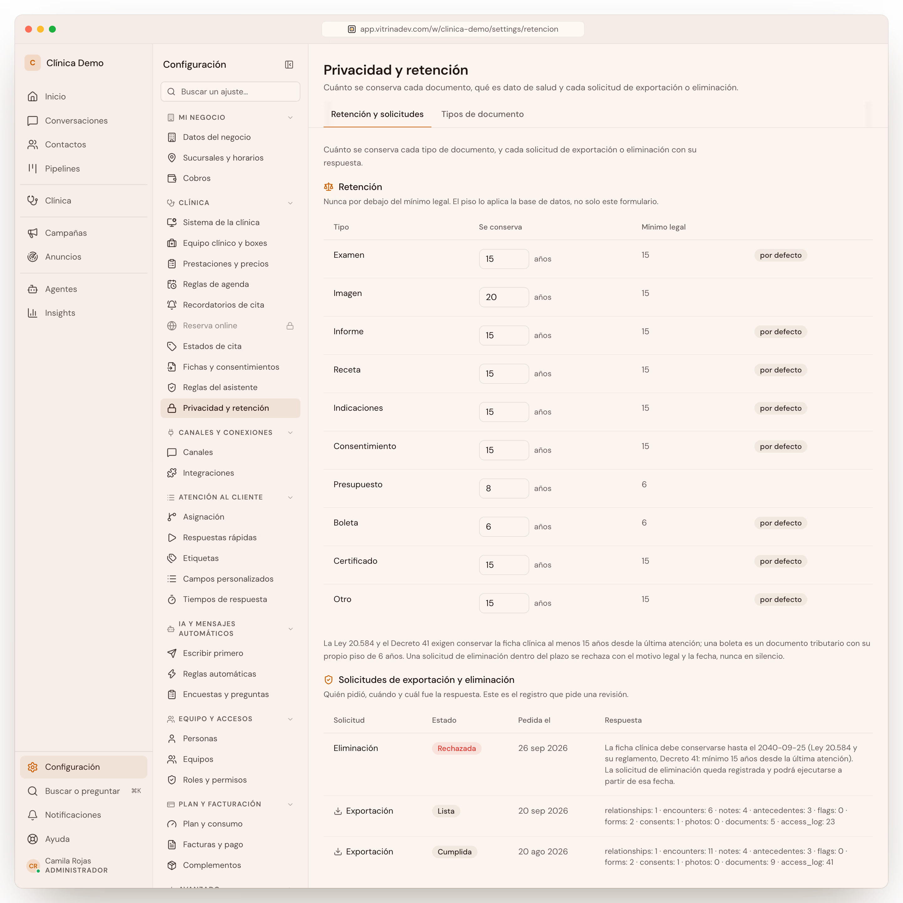 Privacidad y retención: la tabla de plazos por tipo de documento y las solicitudes de exportación y eliminación